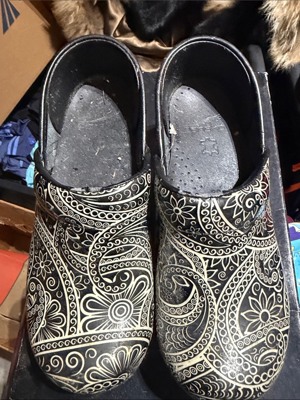 Dansko Black Clog Shoes with Cream Paisley Floral Pattern